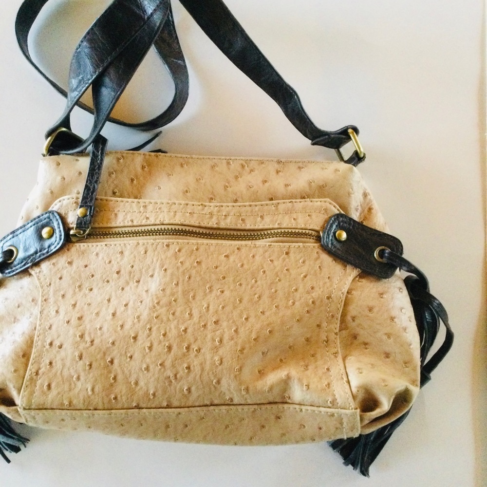 Bueno Tan & Black Shoulder Patent Handbag Fringe Tassels - Picture 4 of 8
